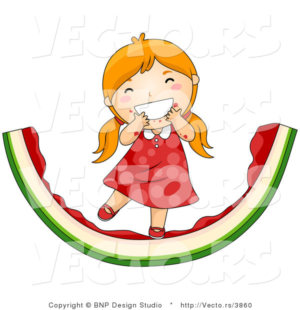 Vector of Happy Red Hair Girl Eating Giant Watermelon Slice