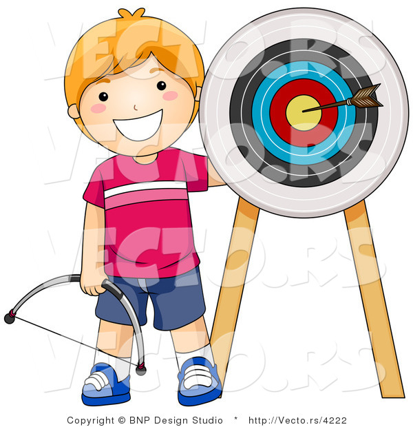 Vector of Happy Red Haired Boy Standing Beside Arrow in a Target
