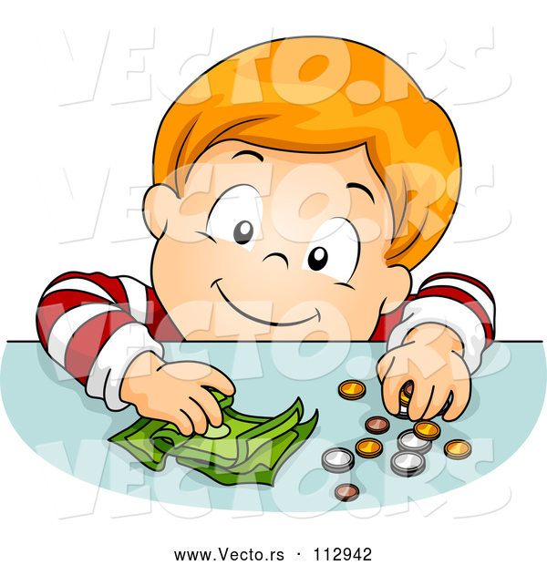 Vector of Happy Red Haired White Boy Putting Coins and Cash Money on a Table
