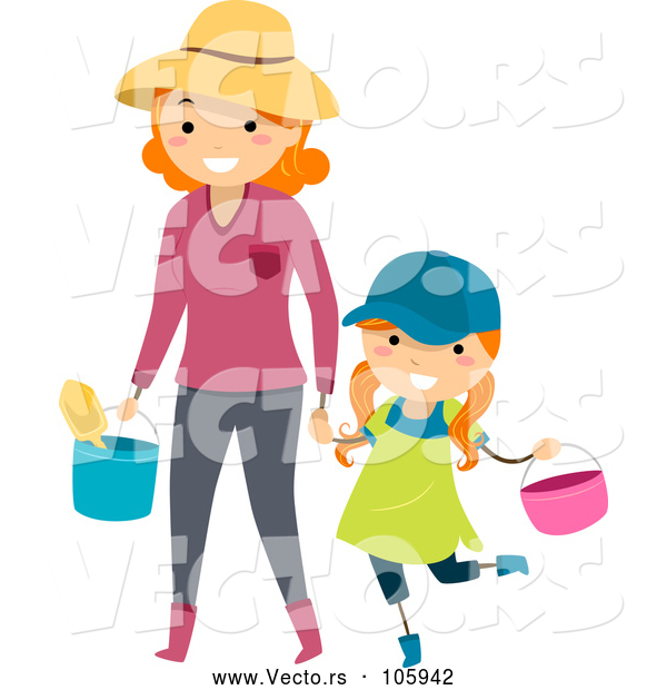 Vector of Happy Red Haired White Mother Holding Hands and Carrying Gardening Tools with Her Daughter