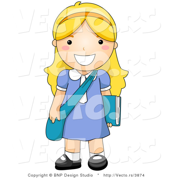 Vector of Happy School Girl Standing with Shoulder Bag and Book