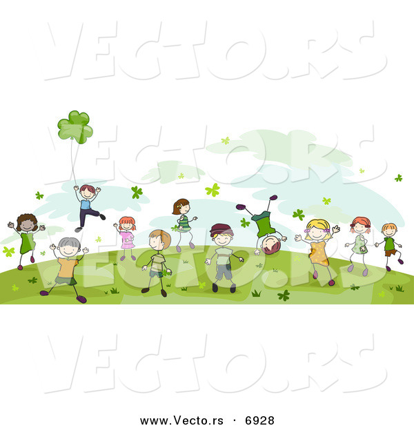 Vector of Happy St. Patrick's Day Kids Playing in a Field