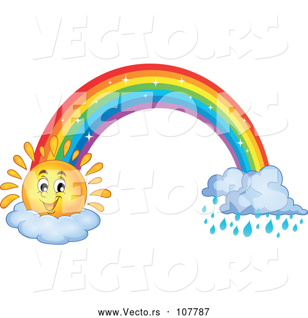 Vector of Happy Sun Cartoon and Rainbow with Rain