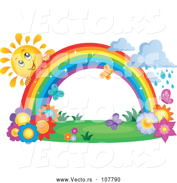 Vector of Happy Sun Character Behind a Rainbow over Flowers, with Rain