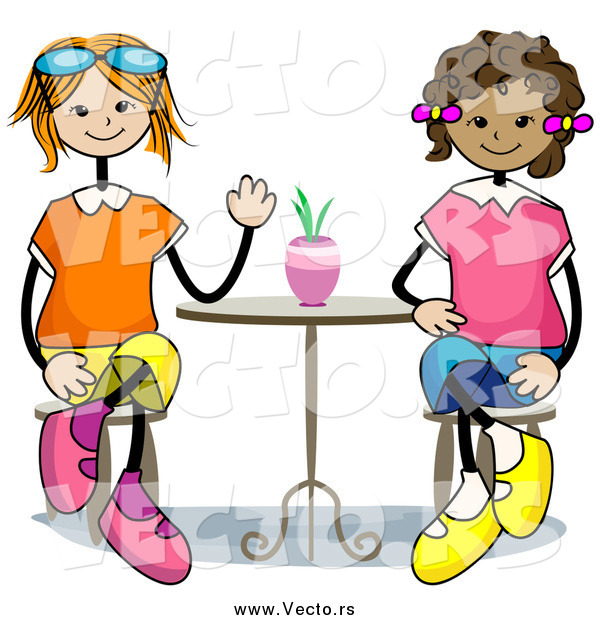 Vector of Happy White and Black Stick Girls Sitting at a Table
