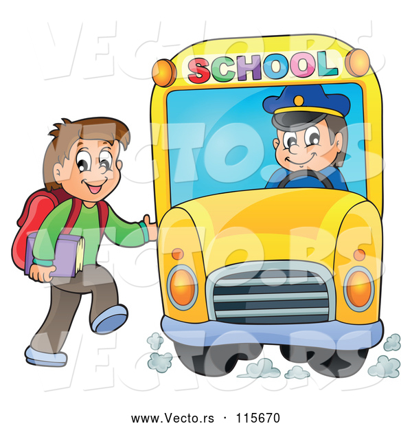 Vector of Happy White Boy Loading a School Bus