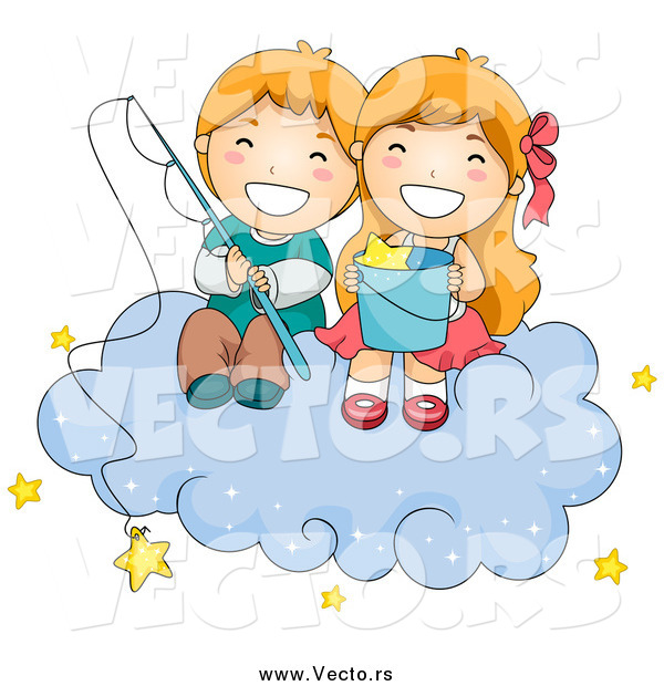Vector of Happy White Children Fishing for Stars on a Cloud