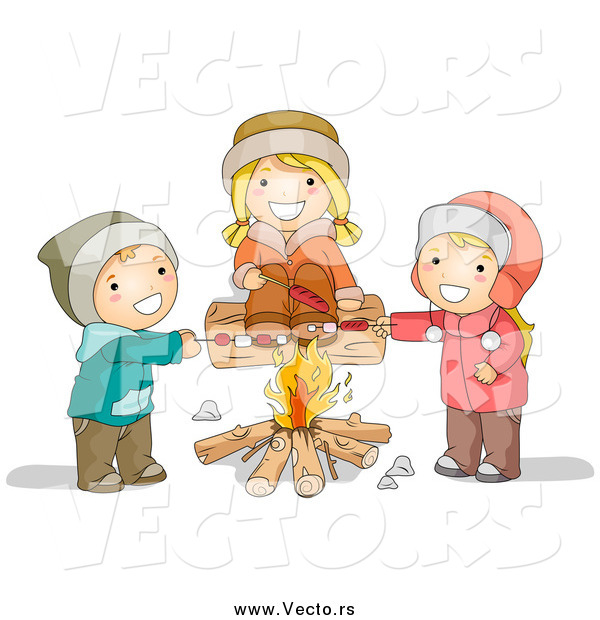 Vector of Happy White Children Roasting over a Campfire