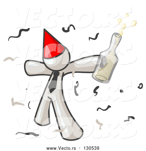 Vector of Happy White Guy Partying with a Party Hat, Confetti and a Bottle of Liquor