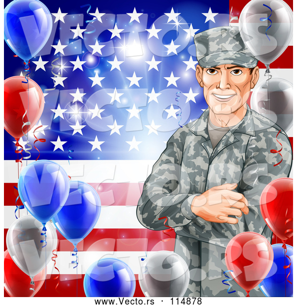 Vector of Happy White Military Veteran Man over an American Flag and Balloons
