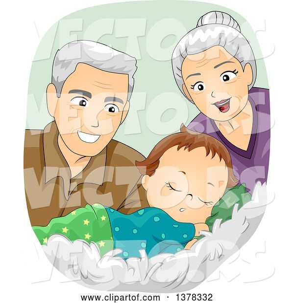 Vector of Happy White Senior Grandparents Looking at a Sleeping Baby Boy