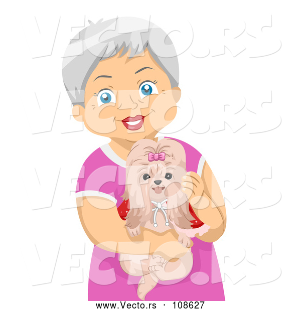 Vector of Happy White Senior Woman Holding Her Shihtzu Dog
