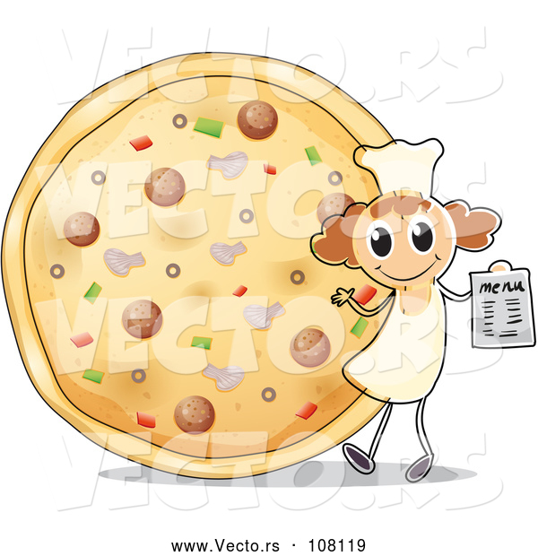 Vector of Happy White Stick Girl Holding a Menu by a Giant Pizza