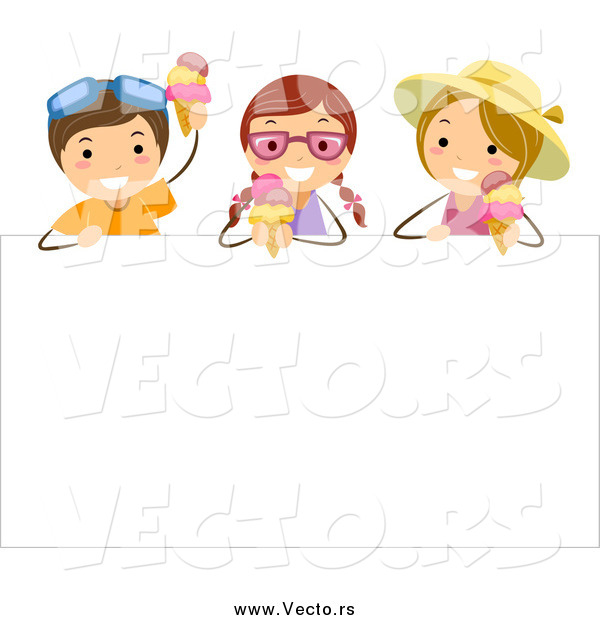 Vector of Happy White Stick Kids Eating Ice Cream over a Sign