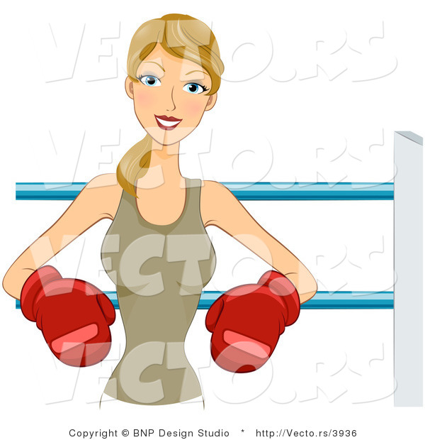 Vector of Happy Woman Wearing Boxing Gloves While Leaning Against Ropes in the Ring