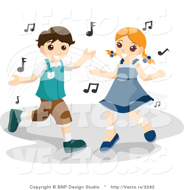 Vector of Happy Young Boy and Girl Dancing with Music Notes