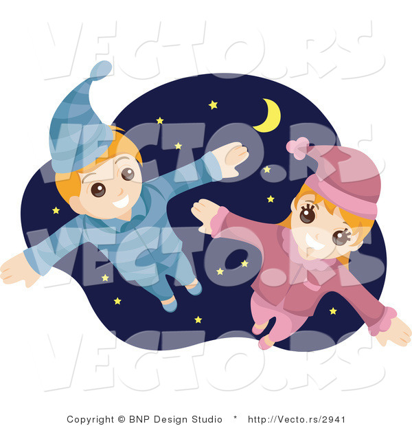 Vector of Happy Young Boy and Girl Flying Against a Starry Night Sky