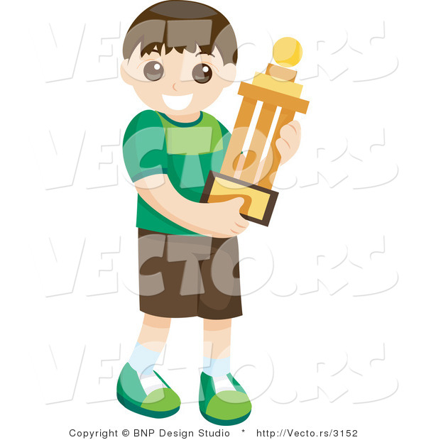 Vector of Happy Young Boy Carrying Prized Trophy