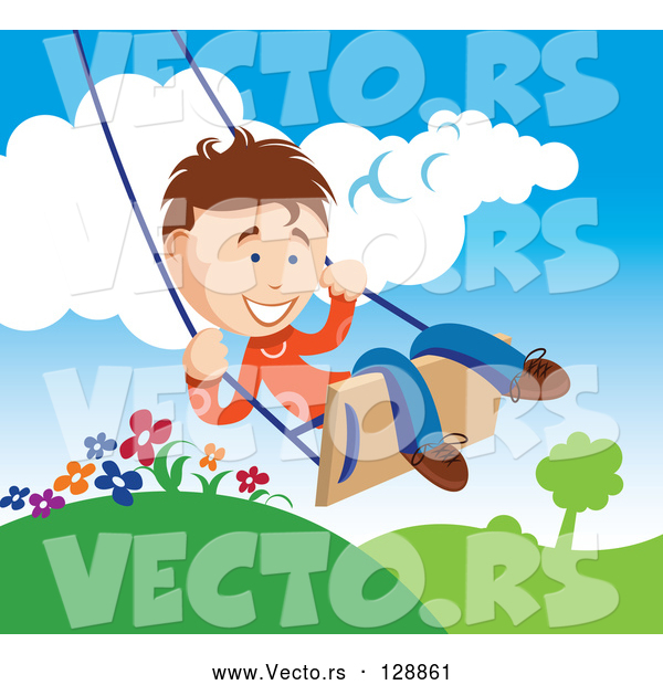 Vector of Happy Young Boy Swinging Outdoors on a Summer Day