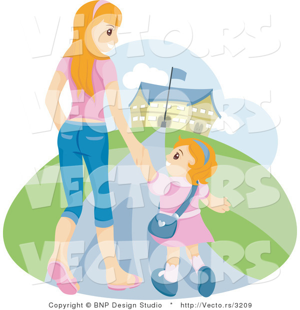 Vector of Happy Young Mom Walking with Her Daughter to School