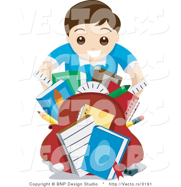 Vector of Happy Young School Boy Showing off His New Supplies
