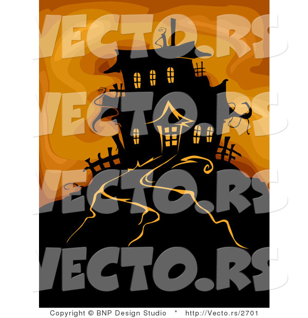 Vector of Haunted House on a Hill over Spooky Orange Background
