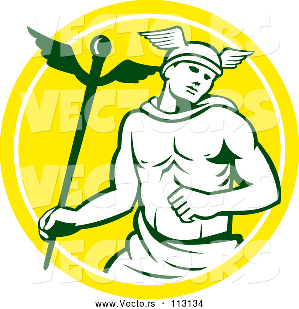 Vector of Hermes Man with a Caduceus - Yellow and White Circle Theme