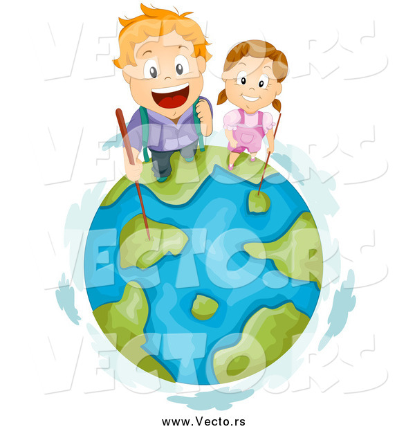 Vector of Hiking Red Haired White Kids on Top of Earth