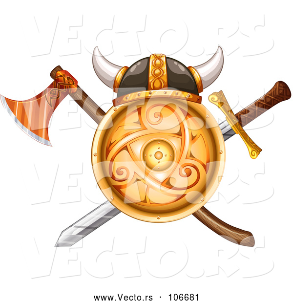 Vector of Horned Helment on Gold Viking Shield with a Crossed Axe and Sword