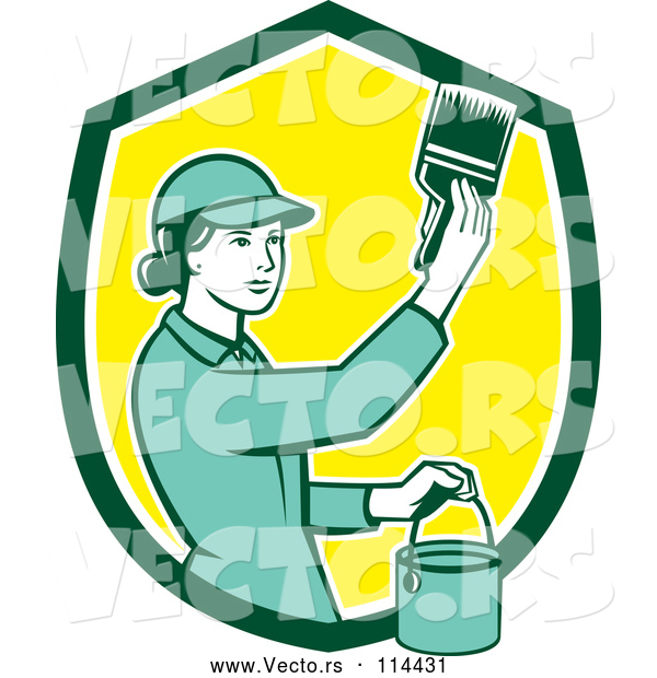 Vector of House Painter Girl Using a Brush in a Green White and Yellow Shield