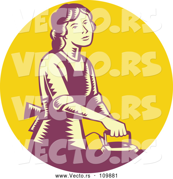 Vector of House Wife or Maid Ironing Laundry in a Yellow and Purple Circle
