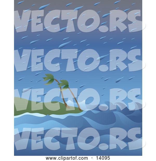 Vector of Huge Raindrops Falling over Wind Blown Palm Trees and Giant Waves on a Beach During a Tropical Storm Natural Hazard