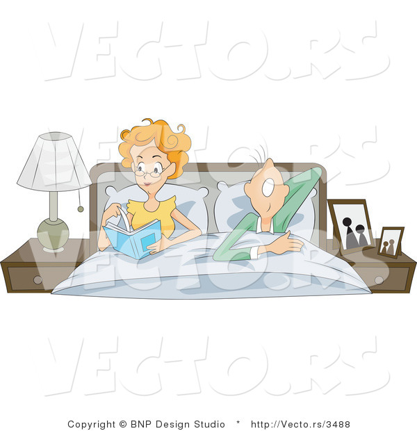 Vector of Husband Snoring While His Wife Reads a Book in Bed