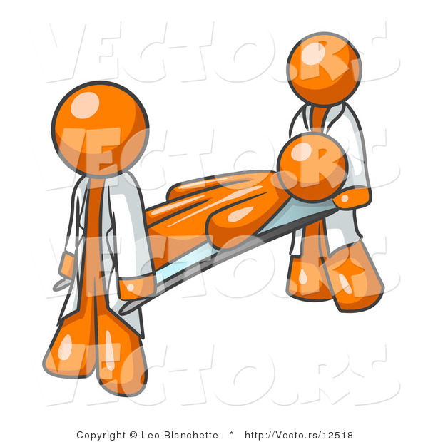 Vector of Injured Orange Guy Being Carried on a Gurney to an Ambulance or into the Hospital by Two Paramedics After an Accident or Health Problem