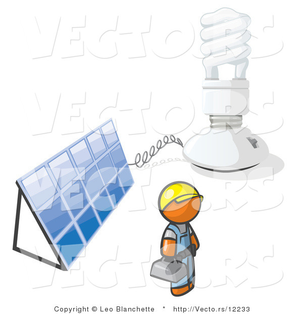 Vector of Installer Orange Guy by an Energy Saver Light Bulb and Solar Panel