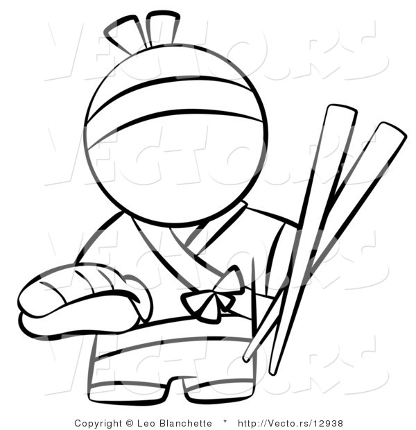 Vector of Japanese Chef with Chopsticks and Sushi - Coloring Page Outlined Art