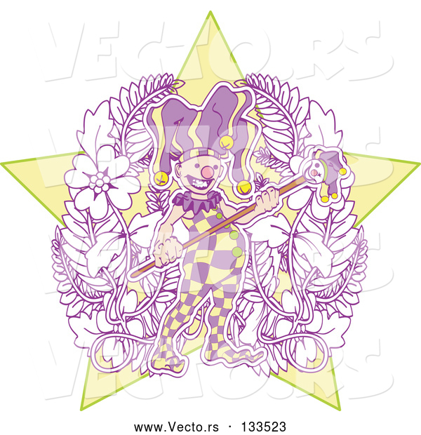 Vector of Joker Jester in Purple and Yellow Holding a Staff