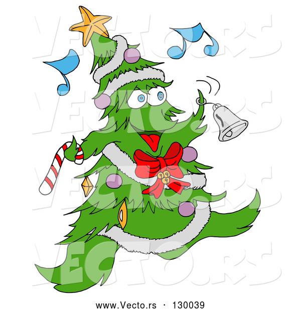 Vector of Jolly Christmas Tree Character with Ornaments, a Star and Garland, Dancing and Ringing a Bell While Listening to Music