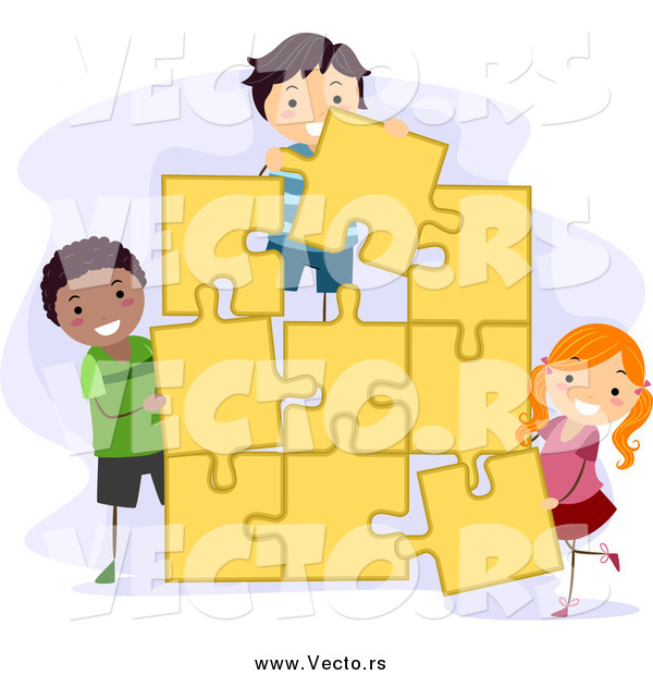 Vector of Kids Assembling a Large Jigsaw Puzzle