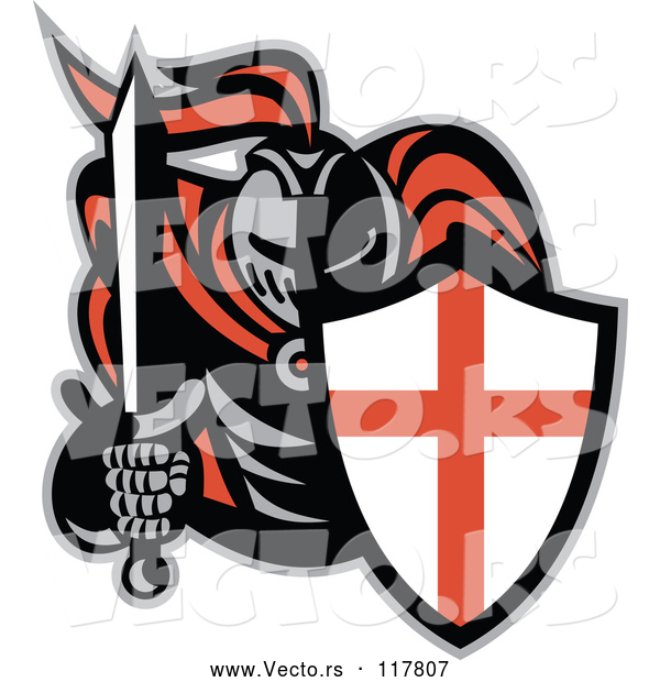 Vector of Knight in Full Armor, Holding a Sword and English Shield