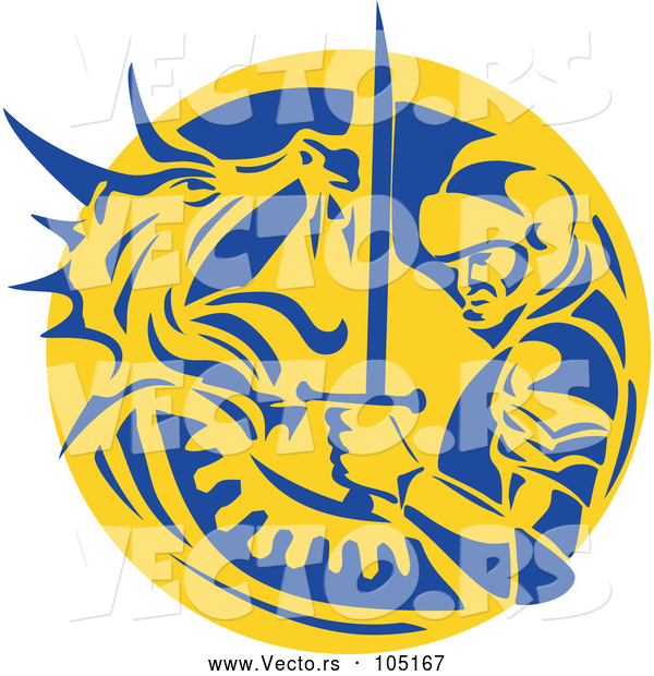 Vector of Knight or Saint George Fighting a Dragon in a Yellow and Blue Circle