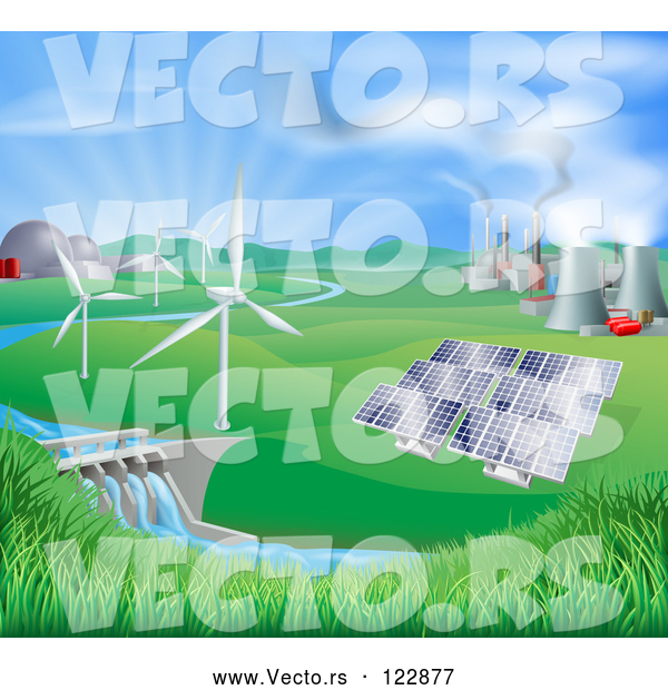 Vector of Landscape of Wind Turbine Nuclear Fossil Fuel Coal Solar Panels and Hydro Electric Power Generation Plants