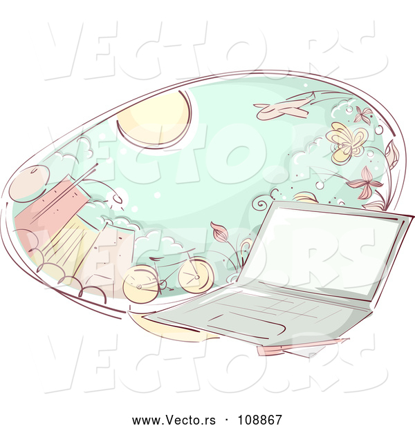 Vector of Laptop Computer and an Oval of City and Transportation