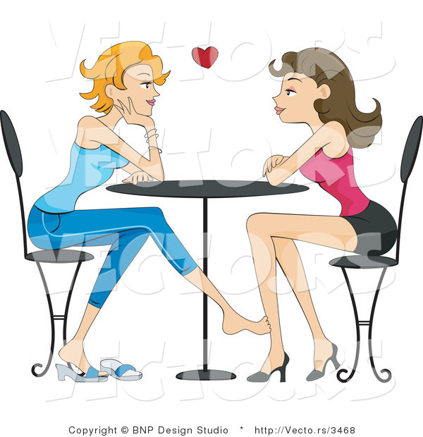 Vector of Lesbian Couple Playing Footsie Under Table While Looking at Each Other at a Cafe