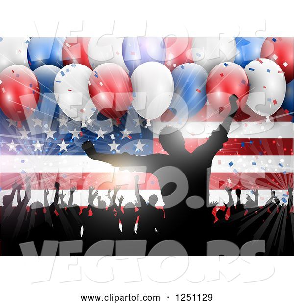Vector of Light Burst, 3d Party Balloons and Silhouetted People Dancing over an American Flag