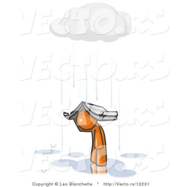 Vector of Lonely and Depressed Orange Guy Holing a Book over His Head to Shelter Himself from the Pouring Rain