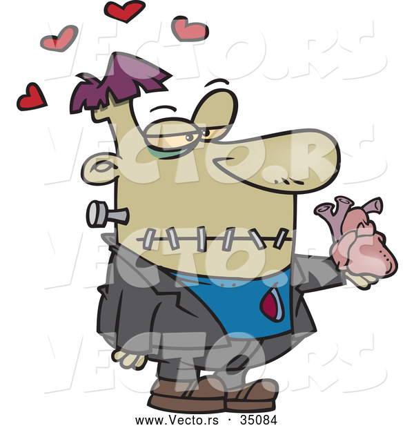 Vector of Love Hearts Floating Above a Caring Cartoon Frankenstein Giving His Heart Away