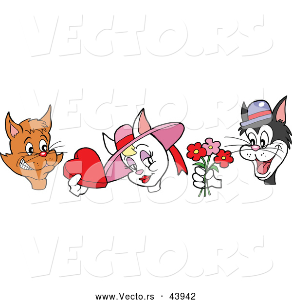 Vector of Male Cartoon Cats Offering Candy and Flowers to a Pretty Female Cat
