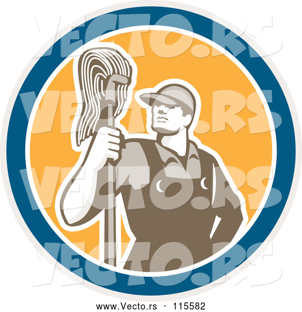 Vector of Male Janitor with a Mop in a Blue White and Yellow Circle