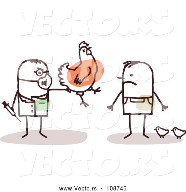 Vector of Male Stick Veterinarian Vaccinating a Guy's Chickens